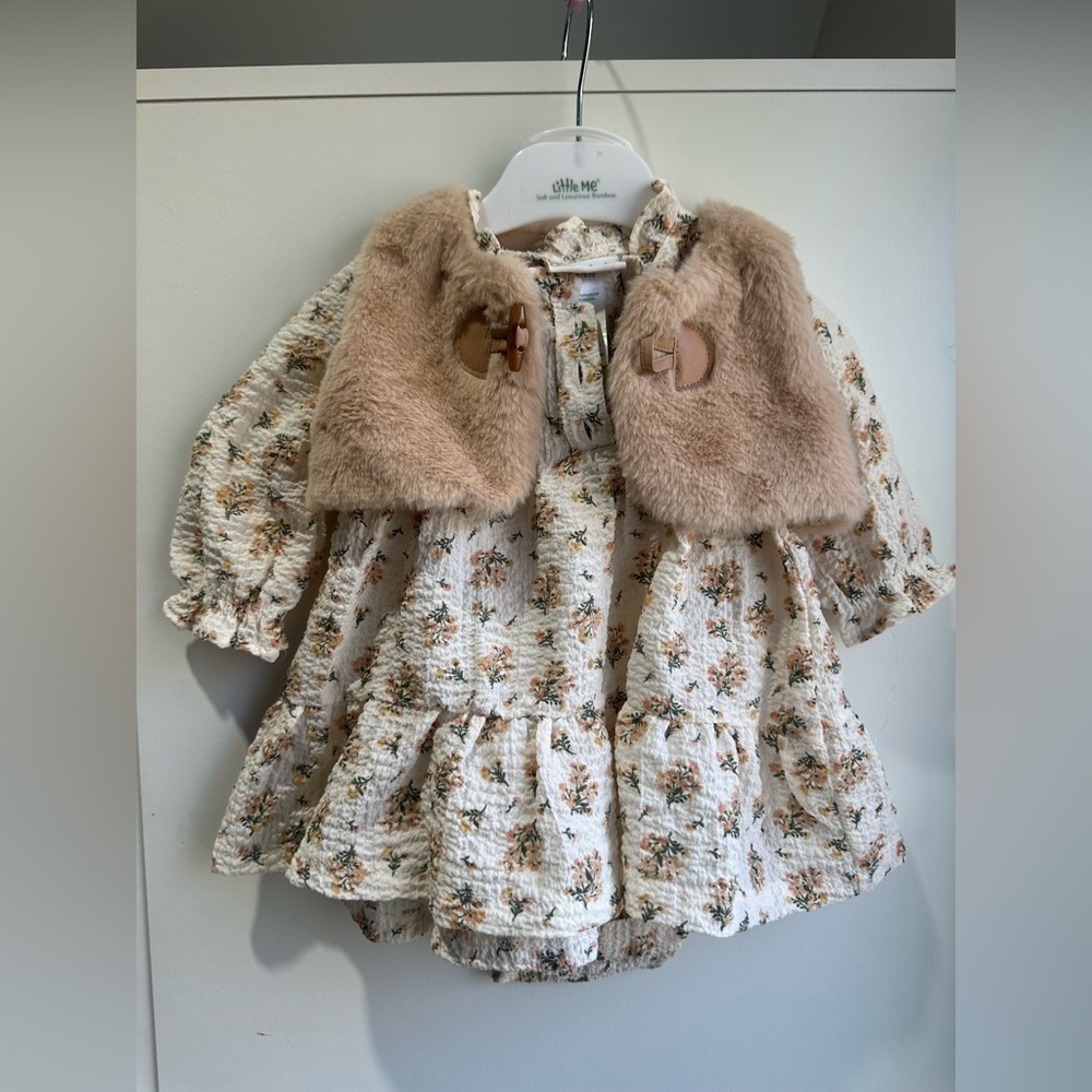 Little Me Cream Floral Dress with Tan Faux Fur Capelet